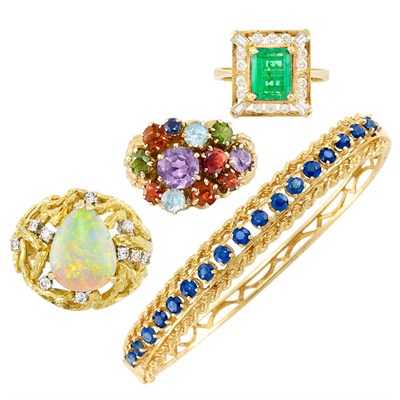Lot 88 - Three Gold, Emerald, Sapphire, Diamond, Opal and Colored Stone Rings and a Bangle Bracelet