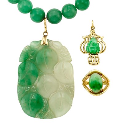 Lot 90 - Gold, Green Hardstone Bead Necklace with Carved Jade Pendant, Pendant and Ring