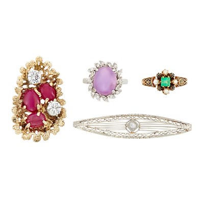 Lot 96 - Three Gold, Platinum, Gem-Set, Seed Pearl, Diamond and Simulated Diamond Rings and Pin