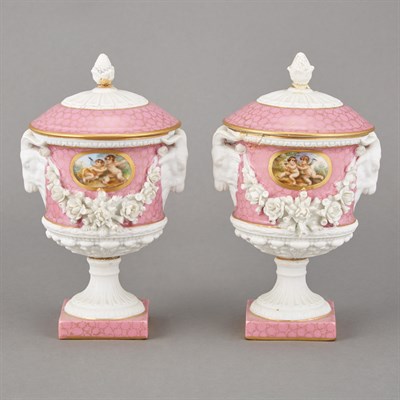 Lot 332 - Pair of Sevres Style Pink Ground and Bisque...