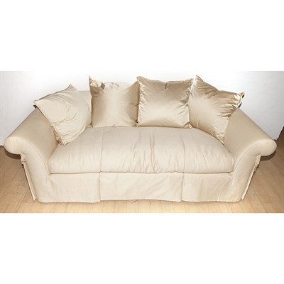 Lot 605 - Upholstered Sofa With four pillows. Length 7...