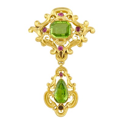 Lot 71 - Antique Gold, Peridot and Ruby Brooch