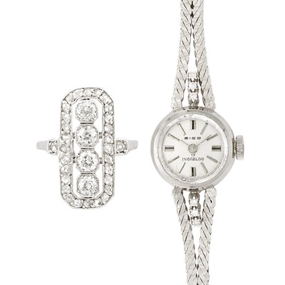 Lot 61 - Art Deco Platinum and Diamond Ring and White Gold and Diamond Wristwatch
