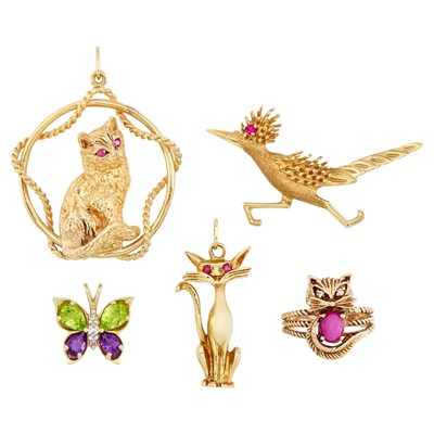 Lot 99 - Group of Gold, Ruby, Synthetic Star Ruby, Amethyst, Peridot and Diamond Butterfly, Roadrunner and Cat Jewelry