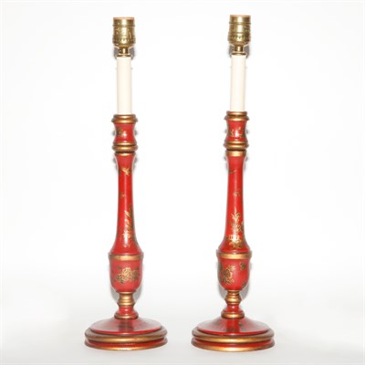Lot 382 - Pair of Red Chinoiserie Decorated Wood...