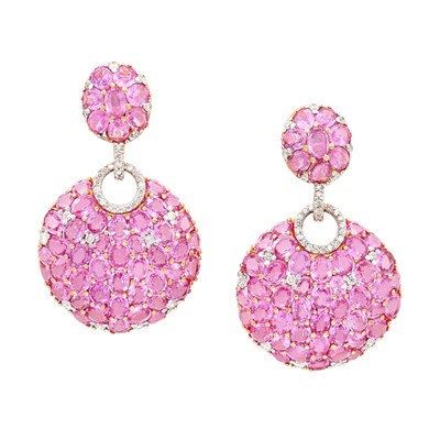 Lot 173 - Pair of Two-Color Gold, Pink Sapphire and Diamond Pendant-Earrings