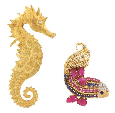 Lot 39 - Gold, Carved Ruby, Sapphire, Ruby and Diamond Fish Brooch and Gold and Diamond Sea Dragon Brooch