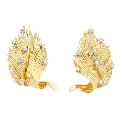 Lot 48 - Pair of Two-Color Gold and Diamond Leaf Earclips