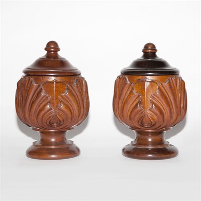 Lot 614 - Pair of Carved Wood Jars Height 8 3/4 inches.