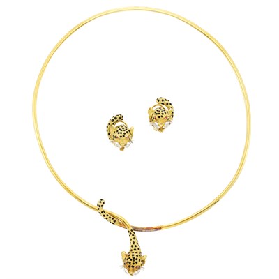Lot 44 - Two-Color Gold, Black Enamel, Diamond and Ruby Leopard Torque Necklace and Pair of Earrings