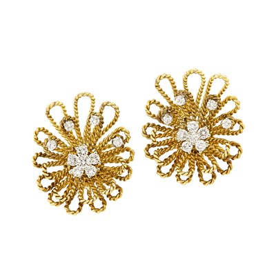 Lot 53 - Pair of Gold and Diamond Flower Earrings