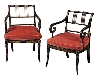 Lot 223 - Pair of Regency Black Painted and Parcel Gilt...