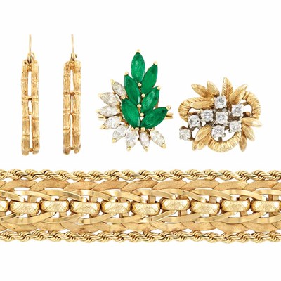 Lot 52 - Gold Bracelet, Two Emerald and Diamond Rings and Pair of Bamboo Hoop Earrings