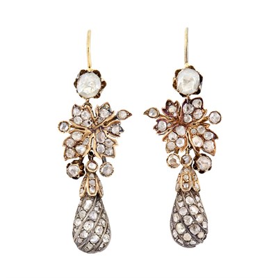 Lot 173 - Pair of Antique Silver, Gold and Diamond Pendant-Earrings