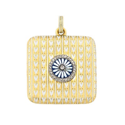 Lot 33 - Gold, Platinum, Enamel, Porcelain and Diamond Double-Sided 'Daisy' Locket-Pendant