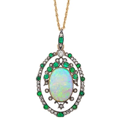 Lot 12 - Antique Silver, Gold, Opal, Emerald and Diamond Pendant and Gold Chain
