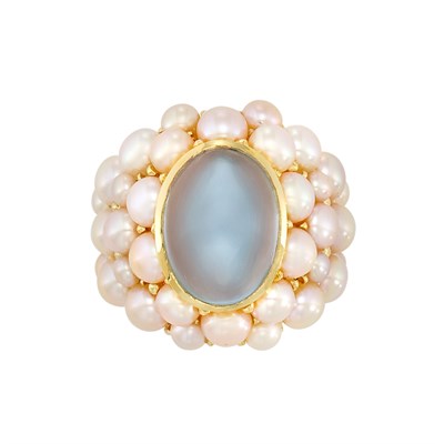 Lot 389 - Gold, Cabochon Aquamarine and Split Pearl Ring, Mimi