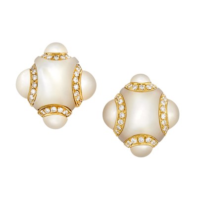 Lot 298 - Pair of Gold, Mother-of-Pearl and Diamond Earclips, Tiffany & Co.