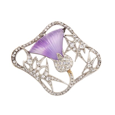 Lot 3 - Edwardian Platinum, Carved Amethyst and Diamond Thistle Brooch