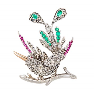 Lot 130 - Two-Color Gold, Emerald, Diamond and Ruby Bird Brooch