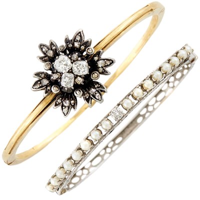 Lot 179 - Antique Gold, Silver and Diamond Bangle, Austro-Hungarian, and a Low Karat White Gold, Cultured Pearl and Diamond Bangle