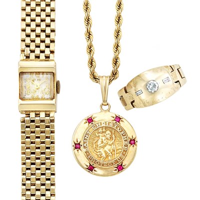 Lot 106 - Gold, Synthetic Ruby and Diamond 'St. Christopher' Pendant, Ring, Chain and Wristwatch