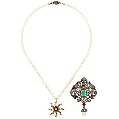 Lot 10 - Cultured Pearl Necklace with Gold, Silver, Emerald and Diamond Pendant-Brooch and Diamond and Split Pearl Pendant