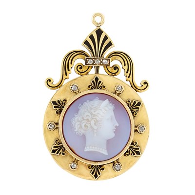 Lot 105 - Antique Gold, Hardstone Cameo, Diamond and Enamel Double-Sided Locket-Pendant