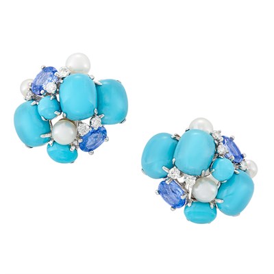Lot 436 - Pair of White Gold, Turquoise, Sapphire and Diamond Cluster Earclips