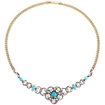 Lot 37 - Antique Silver, Gold, Turquoise, Pearl and Diamond Necklace