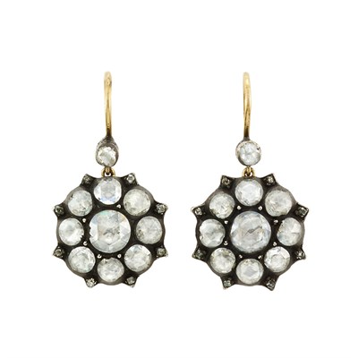 Lot 138 - Pair of Antique Silver, Gold and Diamond Pendant-Earrings