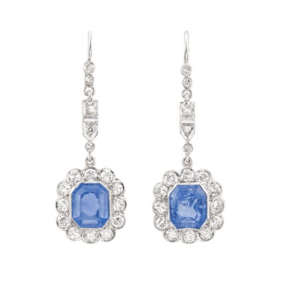 Lot 177 - Pair of Platinum, White Gold, Sapphire and Diamond Pendant-Earrings