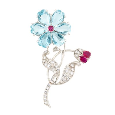 Lot 194 - Platinum, Aquamarine, Ruby and Diamond Flower Brooch