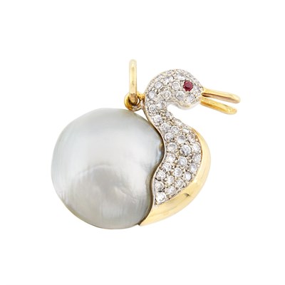 Lot 408 - Two-Color Gold, Blister Pearl, Ruby and Diamond Duck Pendant, Hammerman Brothers