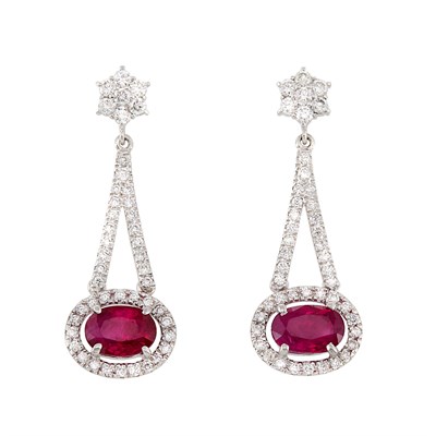 Lot 190 - Pair of White Gold, Ruby and Diamond Pendant-Earrings