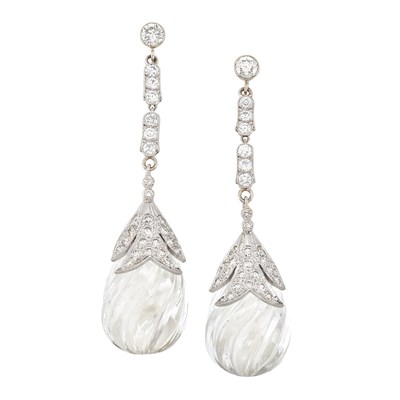 Lot 189 - Pair of Platinum, White Gold, Diamond and Fluted Rock Crystal Pendant-Earrings