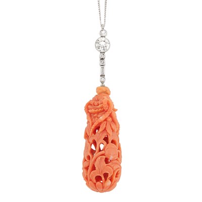 Lot 357 - Edwardian Platinum-Topped Gold, Carved Coral and Diamond Pendant with  Platinum Chain