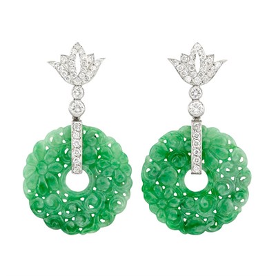 Lot 305 - Pair of Platinum, Carved Jade and Diamond Pendant-Earrings
