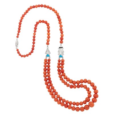 Lot 396 - Coral Bead, White Gold, Diamond, Turquoise and Black Onyx Necklace