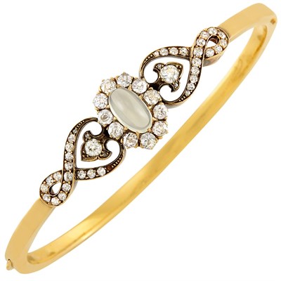 Lot 18 - Antique Silver, Gold, Moonstone and Diamond Bangle Bracelet, France