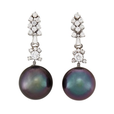 Lot 301 - Pair of White Gold, Tahitian Black Cultured Pearl and Diamond Pendant- Earrings