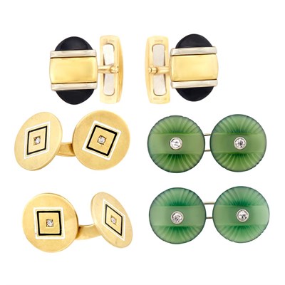 Lot 349 - Three Pairs of Two-Color Gold, Enamel, Diamond, Black Onyx and Green Chalcedony Cufflinks
