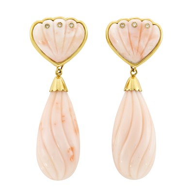 Lot 376 - Pair of Gold, Fluted Coral and Diamond Pendant-Earrings