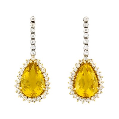 Lot 149 - Pair of Two-Color Gold, Yellow Laboradorites and Diamond Pendant-Earrings
