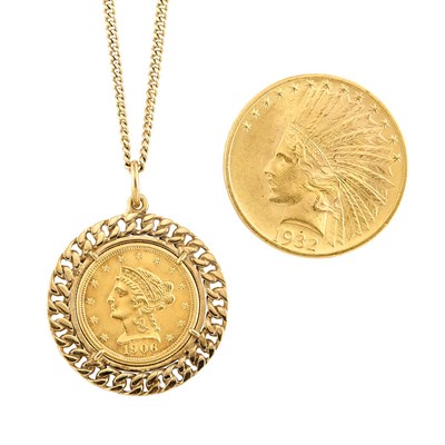 Lot 241 - U.S. 1932 Indian Head $10 Gold Coin and Gold and U.S. $2 1/2 Gold Coin Pendant and Chain