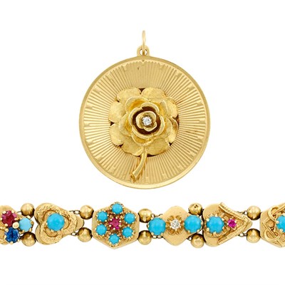 Lot 42 - Gold, Turquoise, Diamond and Gem-Set Slide Bracelet and Gold and Diamond Rose Charm Pendant
