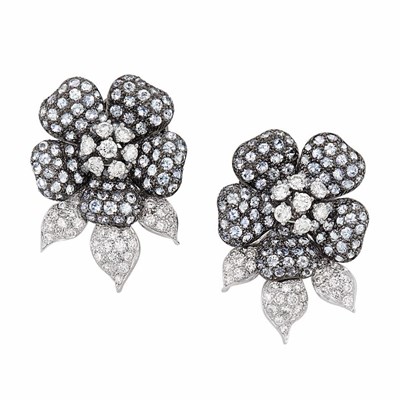 Lot 139 - Pair of Two-Color Gold, White Sapphire and Diamond Flower Earrings