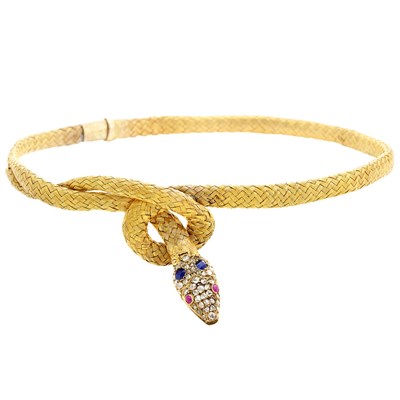 Lot 355 - Antique Woven Gold, Diamond, Sapphire and Ruby Snake Necklace