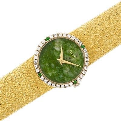 Lot 328 - Two-Color Gold, Nephrite, Diamond and Emerald Wristwatch, Piaget