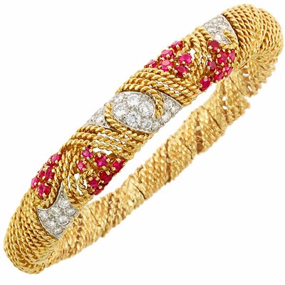 Lot 416 - Two-Color Gold, Ruby and Diamond Bracelet
